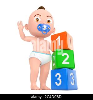 Cartoon Cute Baby Boy Playing With Children Toys Plastic Rainbow Colored 123 Cubes on a white background. 3d Rendering Stock Photo