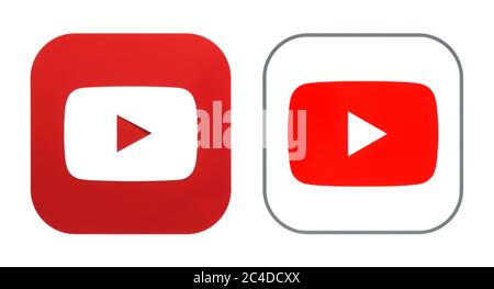 Kiev, Ukraine - November 02, 2019: Old nad new YouTube icons printed on paper. YouTube is an American video-sharing platform Stock Photo