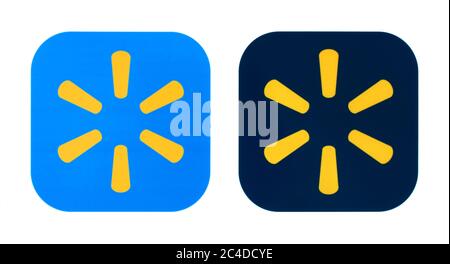 Kiev, Ukraine - November 02, 2019: Walmart old and new icons printed on white paper. Walmart is an American multinational retail corporation Stock Photo