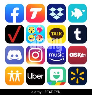 Kiev, Ukraine - November 02, 2019: New icons of popular social media Apps such as: Facebook, Find My Friends, Instagram, Tango, Dropbox, My Verizon, U Stock Photo