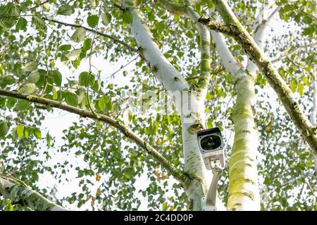Newly installed, 4K WiFi IP Security camera using integral Solar Panel for complete wire free operation. Stock Photo