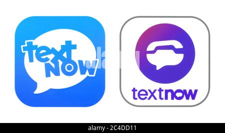 Kiev, Ukraine - November 02, 2019: TextNow old and new icons printed on white paper. TextNow is a phone service without the phone bill Stock Photo
