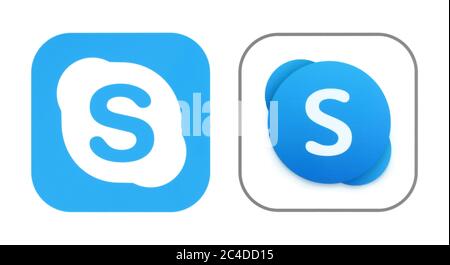 Kiev, Ukraine - November 02, 2019: Old and New icons of Skype app, printed on white paper. Skype is a telecommunications application that specializes Stock Photo