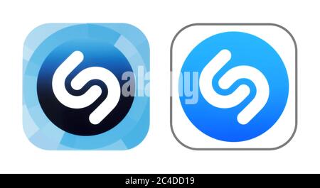 Kiev, Ukraine - November 02, 2019: Old nad new Shazam icons printed on paper. Shazam is an application that can identify music, movies, advertising, a Stock Photo