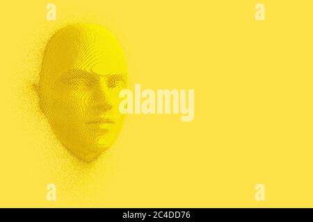 Abstract Yellow Cubes Human Head and Face in Duotone Style on a yellow background. 3d Rendering Stock Photo