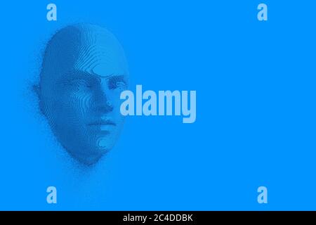 Abstract Blue Cubes Human Head and Face in Duotone Style on a blue background. 3d Rendering Stock Photo