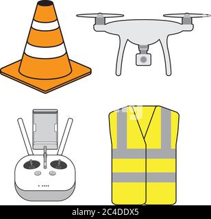 Aerial drone pilot equipment and safety icons vector  drone, controller, cone, hi vis Stock Vector