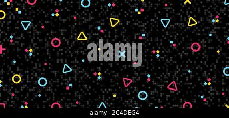 Abstract colorful geometric hipster pattern elements on black mosaic background and texture retro 80's. Vector illustration Stock Vector