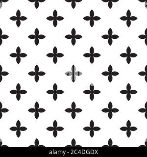 Abstract vector seamless pattern mosaic of black four leaf blooms in diagonal arrangement on white background. Simple flat natural design wallpaper. Stock Vector