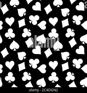 Seamless pattern background of white poker suits - hearts, clubs, spades and diamonds - on black background. Casino gambling theme vector illustration. Stock Vector