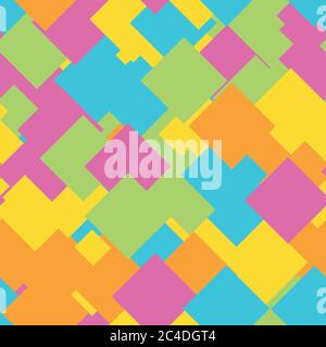 Seamless abstract geometric pattern of overlapping squares in random order. Funny, happy and children theme. Simple flat vector illustration. Stock Vector