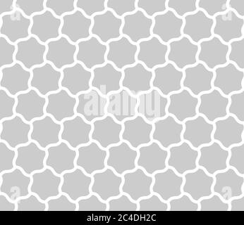 Seamless background of curved hexagons. Looks like puzzle od stars. Simple abstract pattern vector background in grey with white outline. Stock Vector