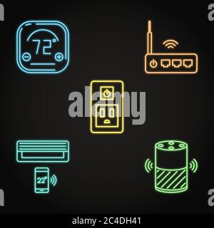 Neon smart home automation icons set. Climate control, wifi router, smart speaker, socket and air conditioner symbols. Vector illustration. Stock Vector