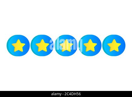 Five golden stars rating review in 3d style. Quality rank service symbol. Isolated on white background. Stock Vector