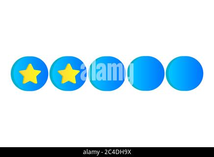 Two golden stars rating review in 3d style. Quality rank service symbol. Isolated on white background. Stock Vector