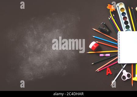 School notebook and various stationery. Back to school concept. School and office supplies fram Stock Photo