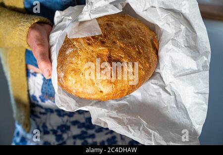 Home made sourdough bread with bread knife on chopping board  Photograph taken by Simon Dack Stock Photo