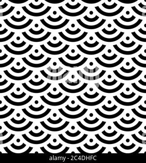 Black fish scale background of concentric circles. Abstract seamless pattern looks like sea waves. Vector illustration. Stock Vector