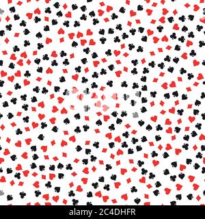Poker card suit seamless pattern background. Black spades and clubs. Red hearts and diamonds singns. Abstract vector backround. Stock Vector