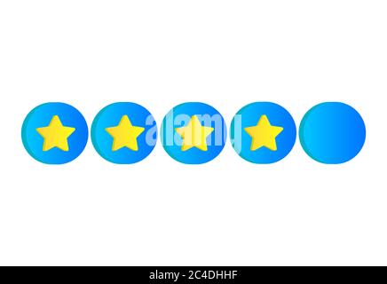 Four golden stars rating review in 3d style. Quality rank service symbol. Isolated on white background. Stock Vector