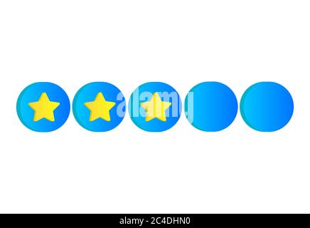 Three golden stars rating review in 3d style. Quality rank service symbol. Isolated on white background. Stock Vector