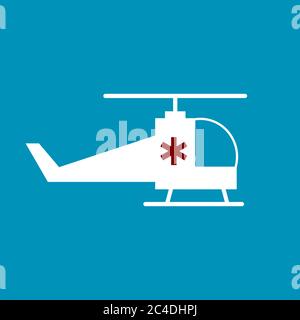 Medical helicopter on blue background. White emergency evacuation helicopter icon. Air ambulance transport service with life saving medical equipment. Stock Vector