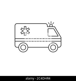 Ambulance line icon. Medical transportation vehicle. Urgent response, rescue and evacuation concept. Black outline on white background. Vector flat. Stock Vector