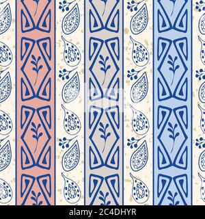 Abstract aztec and Paisley seamless vector pattern background. Striped backdrop with inky blue hand drawn drawn motifs. .Decorative design. Geometric Stock Vector