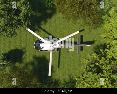 A helicopter is standing on the grass in a top view. Helipad in the forest among the trees. Aerial view. 3D render Stock Photo