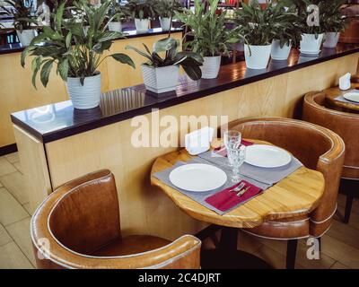 A small table for two with a wooden tabletop and two leather chairs stands near a high shelf with potted plants. Cafe interior Stock Photo