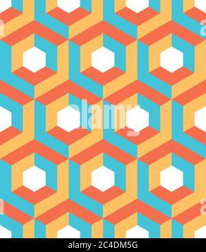 Abstract 3D background of isometric hexagonal shapes in retro colors. Vector seamless pattern design. Stock Vector