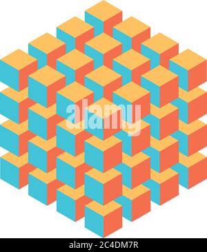 Geometric cube of smaller isometric cubes. Abstract design element. Science or construction concept. 3D vector object. Stock Vector