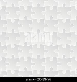 Jigsaw puzzle mosaic seamless background. Each of puzzle pieces in linear arrangement has own grey gradient and white outline. Simple flat vector illustration. Stock Vector