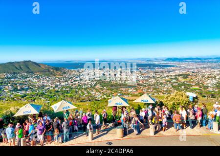 Tourists queuing on Tafelberg Road to enter the Lower Station of the Table Mountain Aerial Cableway, Cape Town, South Africa Stock Photo