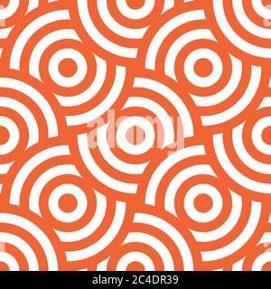 Seamless pattern background ornament of striped concentric circles. Retro mosaic of arches in orange and white. Vector design element. Stock Vector