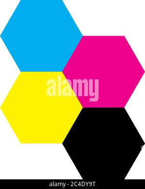 Four hexagons in CMYK colors. Printer theme. Vector illustration. Stock Vector