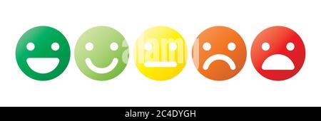 Basic emoticons set. Five facial expression of feedback scale - from positive to negative. Simple colored vector icons. Stock Vector