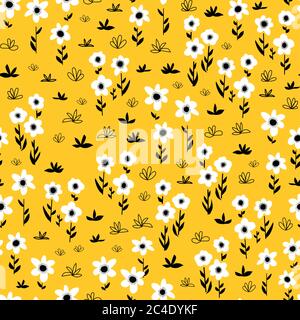 Seamless flower vector pattern white gold yellow black. Bold florals Scandinavian flat style repeating background. Botanical minimalistic doodle Stock Vector