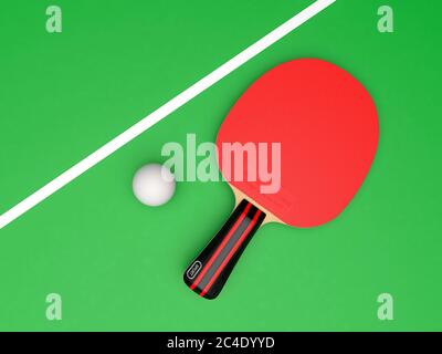 Red table tennis racket with ball. On green background Stock Photo