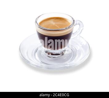 Angled view of a modern glass expresso cup and saucer full of smooth expresso coffee, isolated on white with a slight drop shadow Stock Photo