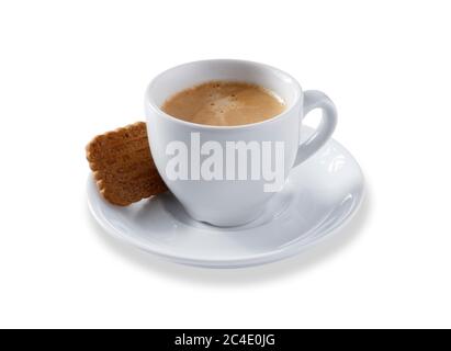 Angled view of a white expresso cup and saucer full of smooth expresso coffee, with a biscuit, isolated on white with a slight drop shadow Stock Photo