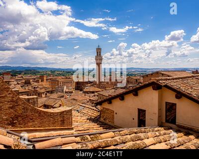 Elevated view of Siena's terracotta rooftops with Torre del Mangia in the distance. Tuscany, Italy. Stock Photo