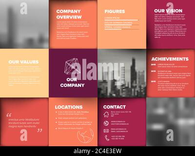 Company profile template - corporation main information presentation - red version with black and white photo placeholders Stock Vector