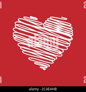 Heart - pencil scribble sketch drawing in white on red background. Valentine card doodle concept. Vector illustration. Stock Vector