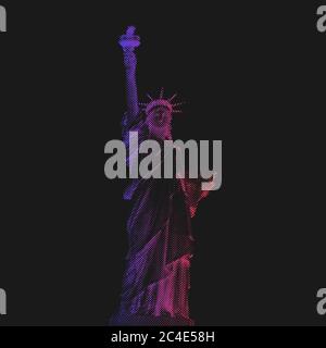 Statue of Liberty, New York, USA. Halftone illustration dots. Illuminated by blue and red light of police car beacons. Stock Vector