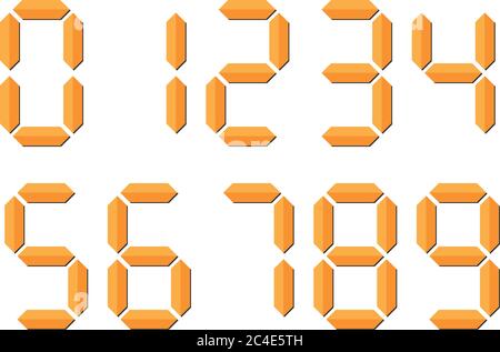 Orange 3D-like digital numbers. Seven-segment display is used in calculators, digital clocks or electronic meters. Vector illustration. Stock Vector