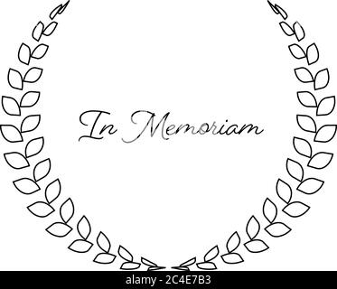 Funeral wreath with In Memoriam label. Rest in peace. Simple flat black illustration. Stock Vector