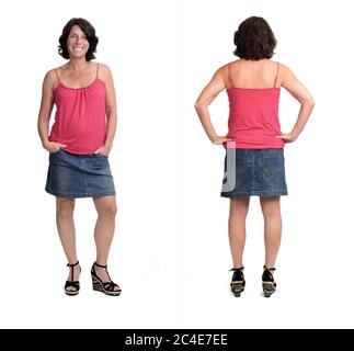 front and back view of woman in skirt on white background Stock Photo