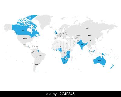 Member states of the British Commonwealth blue highlighted in the world map. Vector illustration. Stock Vector