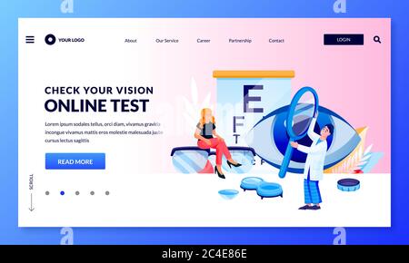 Eyesight check and eye care banner design template. Doctor and patient do vision test. Vector flat cartoon characters illustration. Ophthalmologist co Stock Vector